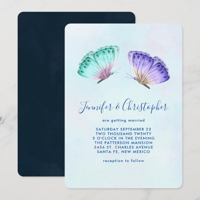 Elegante Watercolor Butterfly-Hochzeit Einladung (Vorne/Hinten)