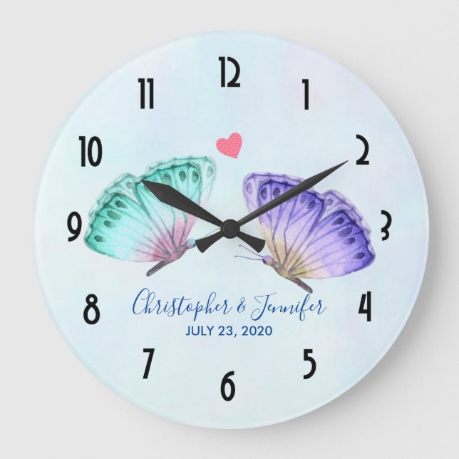 Elegante Watercolor Butterfly-Hochzeit Große Wanduhr (Vorderseite)
