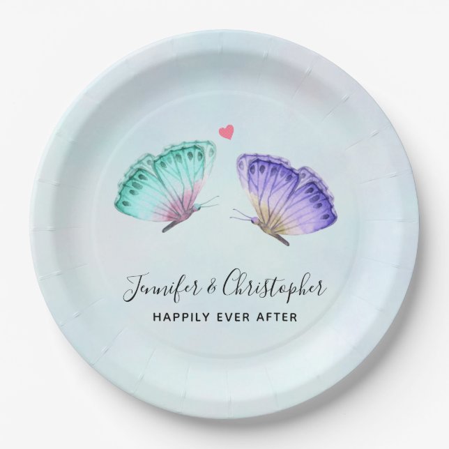 Elegante Watercolor Butterfly-Hochzeit Pappteller (Vorderseite)