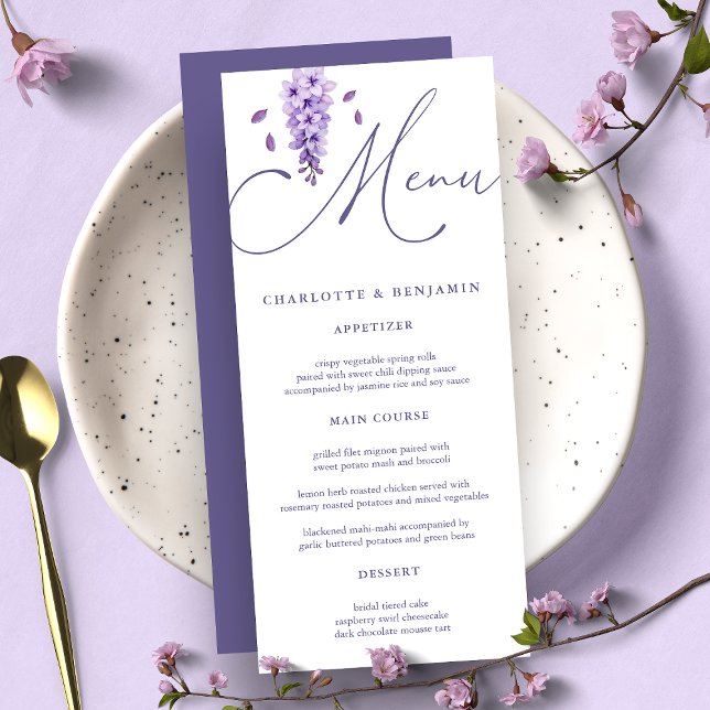 Elegante Watercolor Calligraphy Wisteria Wedding Menükarte (Von Creator hochgeladen)