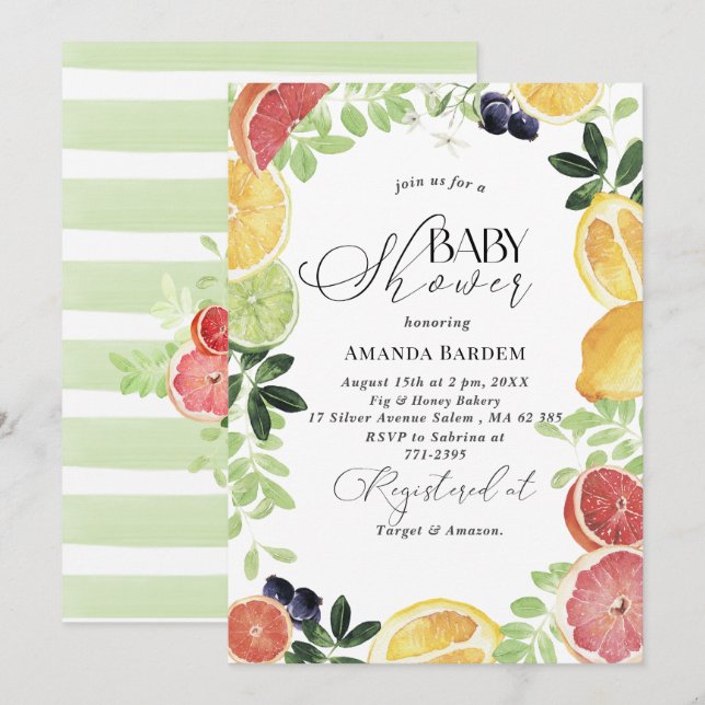 Elegante Watercolor Citrus Babydusche Einladung (Vorne/Hinten)