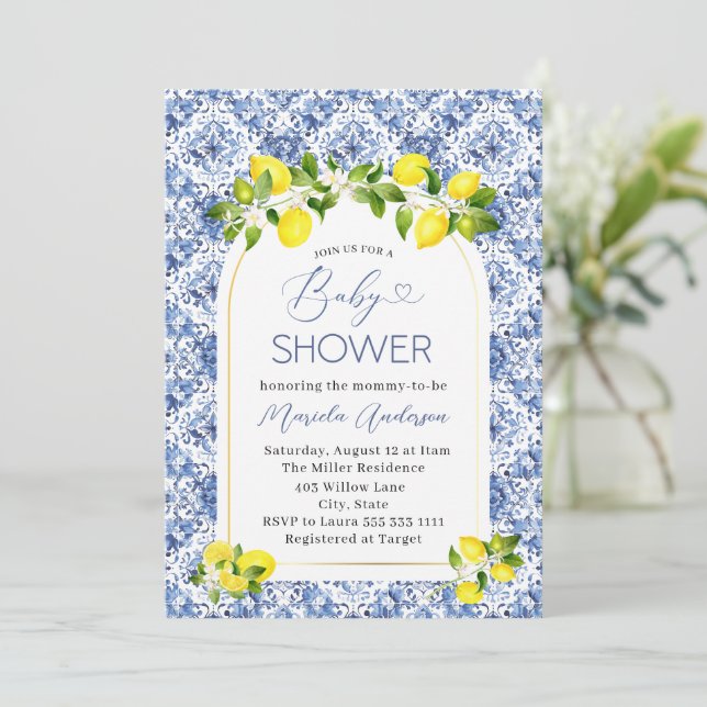 Elegante Watercolor Citrus Lemon Babydusche Einladung (Stehend Vorderseite)