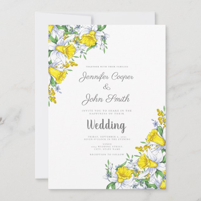 Elegante Watercolor Daffodil Blumenhochzeit Einladung (Vorderseite)