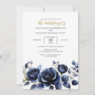 Elegante Watercolor Dunkelblaue Rose Blumenhochzei Einladung