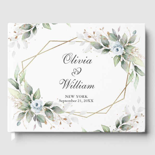 Elegante Watercolor Dusty Blue Foliage Hochzeit Gästebuch (Vorderseite)