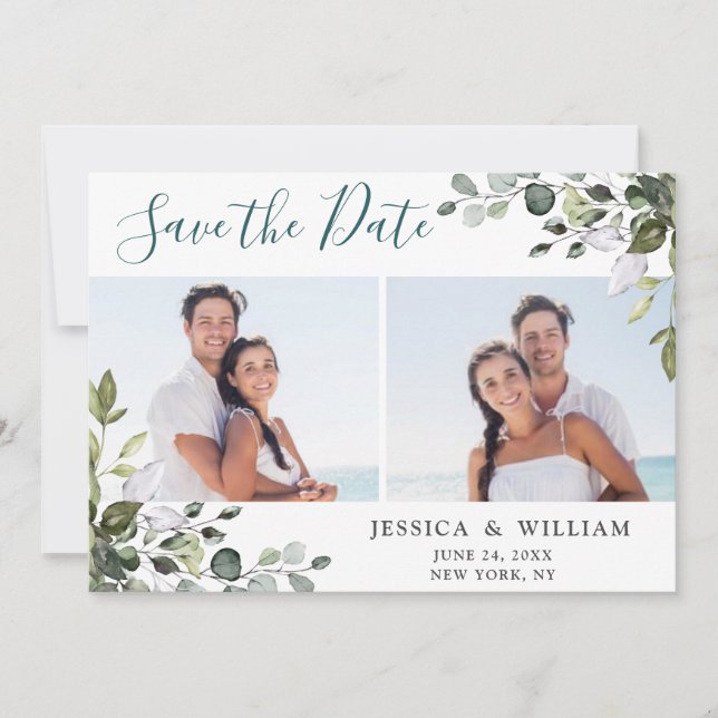 Elegante Watercolor Eucalyptus 2 FOTO Wedding Save The Date (Vorderseite)