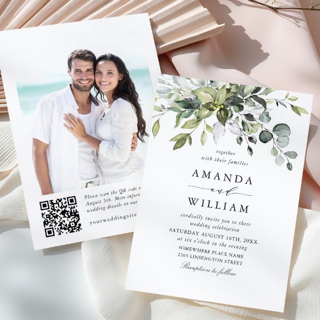 Elegante Watercolor Eucalyptus Foto QR Wedding Einladung (Von Creator hochgeladen)