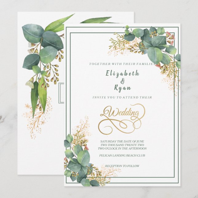 Elegante Watercolor Eucalyptus Pflanze Gold Filigr Einladung (Vorne/Hinten)