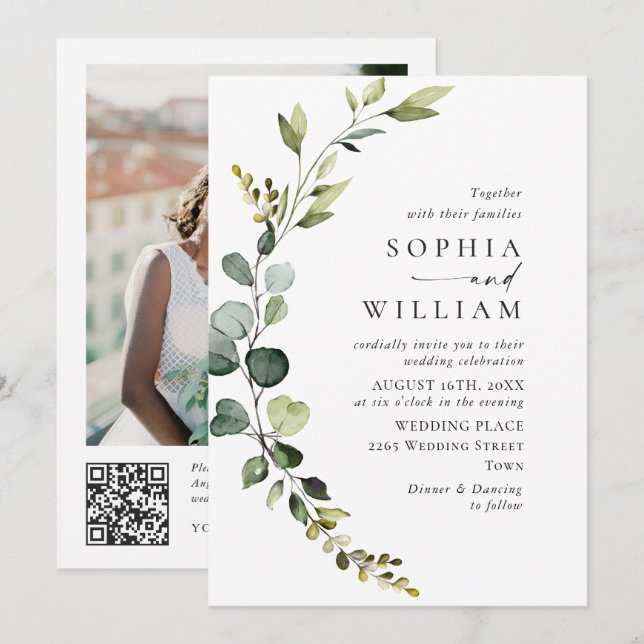 Elegante Watercolor Eucalyptus Wedding QR Code Einladung (Vorne/Hinten)
