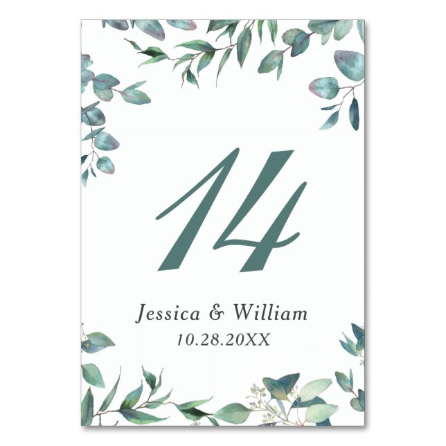 Elegante Watercolor Eucalyptus Wedding Tischnummer (Vorderseite)