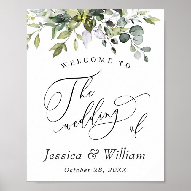 Elegante Watercolor Eucalyptus Wedding Willkommen Poster (Vorne)