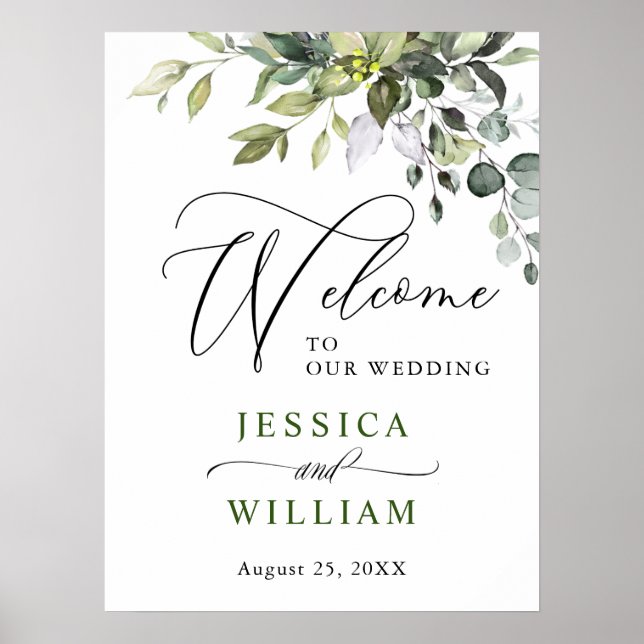 Elegante Watercolor Eucalyptus Wedding Willkommen Poster (Vorne)