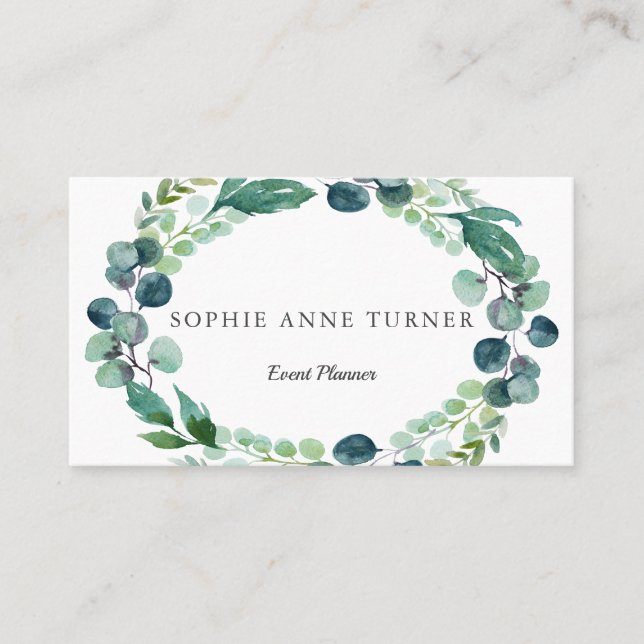 Elegante Watercolor Eucalyptus Wreath Visitenkarte (Vorderseite)