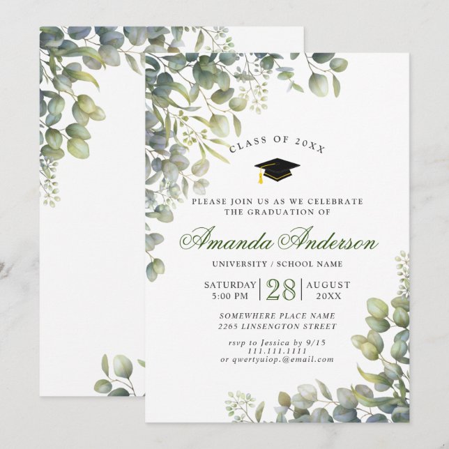 Elegante Watercolor Eukalyptus Graduation Party Einladung (Vorne/Hinten)