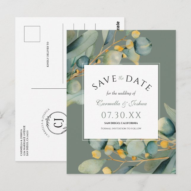 Elegante Watercolor Eukalyptus Sage Save the Date Postkarte (Vorne/Hinten)