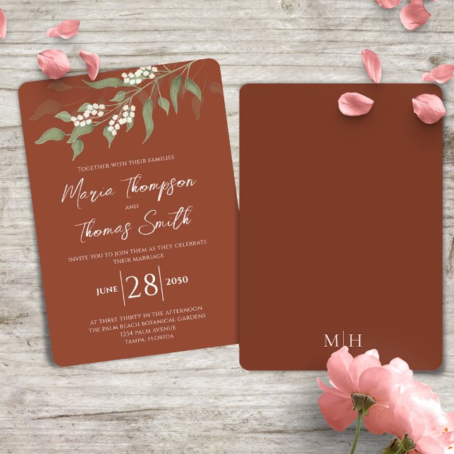 Elegante Watercolor Flora Blume Locarno Einladung (Terracotta elegant wedding invitation with watercolor greenery and foliage. )
