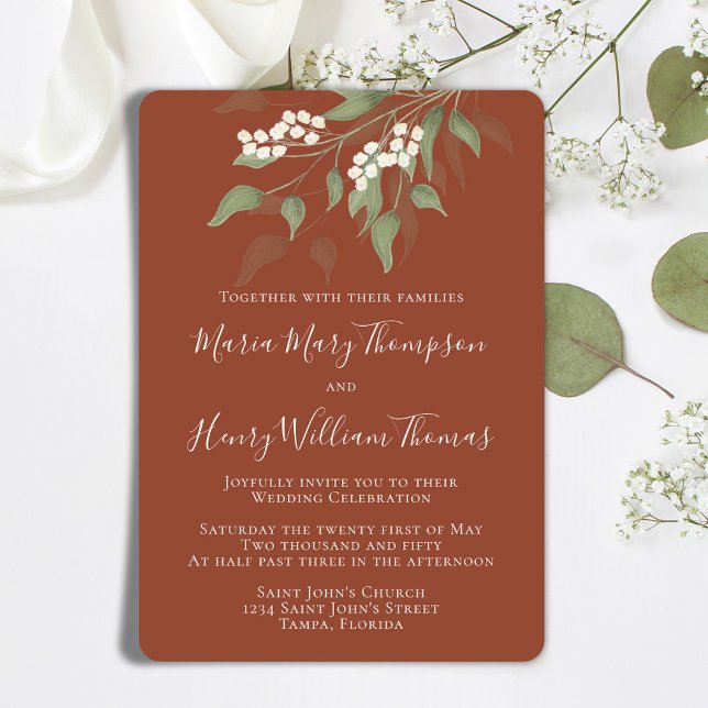 Elegante Watercolor Flora Blume Locarno Einladung (Terracotta elegant wedding invitation with watercolor greenery and foliage. )