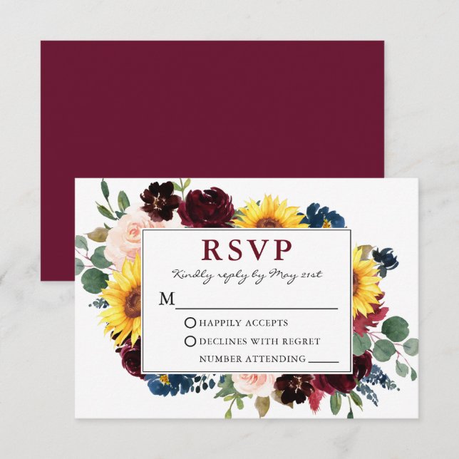 Elegante Watercolor Floral Burgundy Wedding RSVP (Vorne/Hinten)