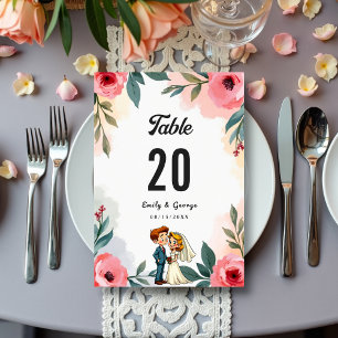 Elegante Watercolor Floral Couple Summer Wedding Tischnummer