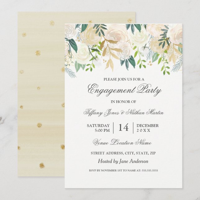 Elegante Watercolor Floral Gold Engagement Party Einladung (Vorne/Hinten)