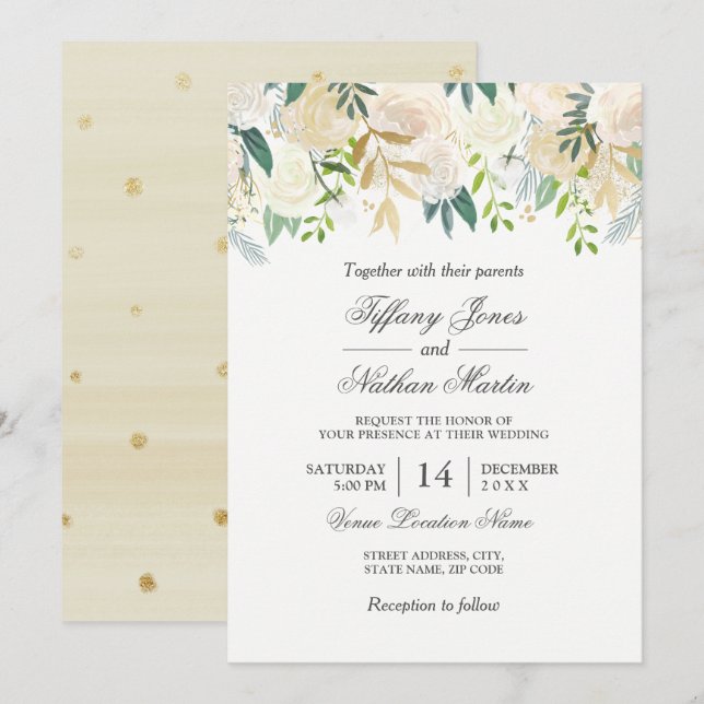 Elegante Watercolor Floral Gold Hochzeit Einladung (Vorne/Hinten)