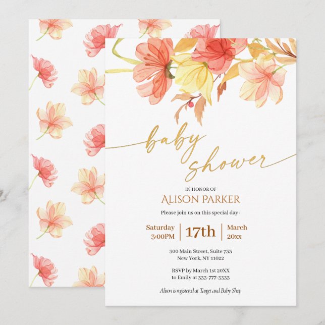 Elegante Watercolor Floral Gold Script Baby Dusche Einladung (Vorne/Hinten)