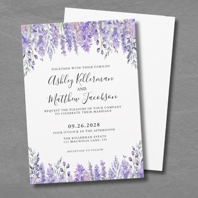 Elegante Watercolor Floral Lavender Wedding Einladung (Elegant Watercolor Flowers Lavender Wedding Invitation)