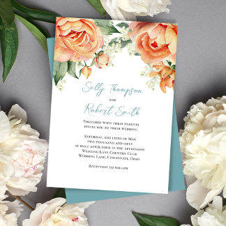 Elegante Watercolor Floral Peach Blue Wedding Einladung