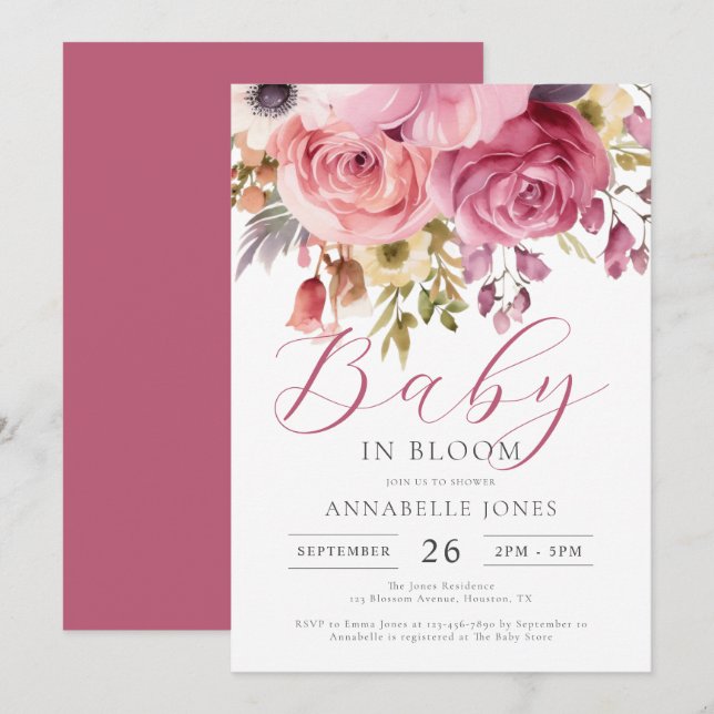 Elegante Watercolor Floral Script Baby Shower Einladung (Vorne/Hinten)