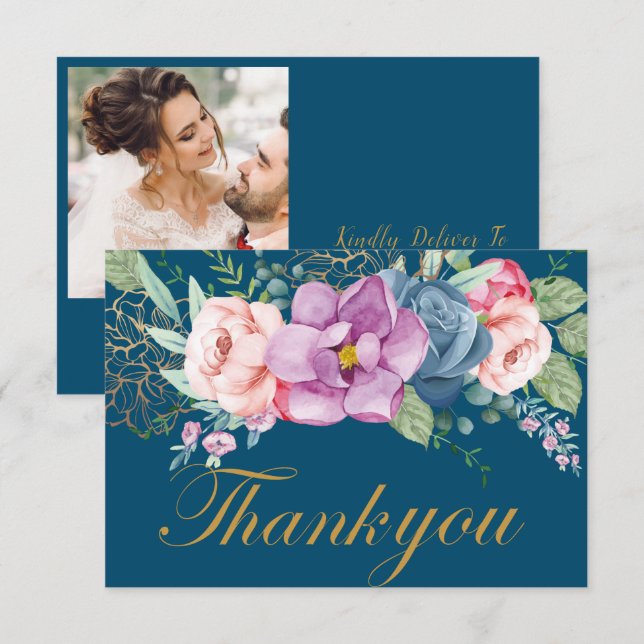 Elegante Watercolor Floral Wedding Dankeschön Kart Dankeskarte (Vorne/Hinten)
