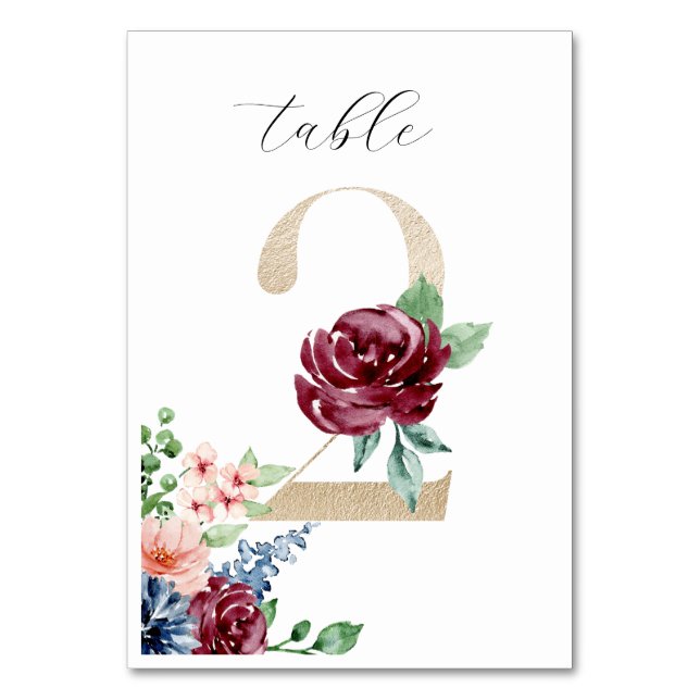Elegante Watercolor Florals Imitate Gold Wedding 2 Tischnummer (Vorderseite)
