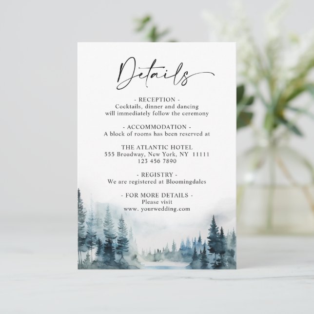 Elegante Watercolor Foggy Forest Details Begleitkarte (Stehend Vorderseite)