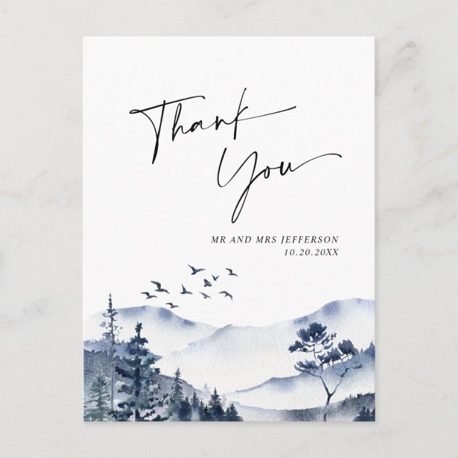 Elegante Watercolor Foggy Forest Vielen Dank Postkarte (Vorderseite)