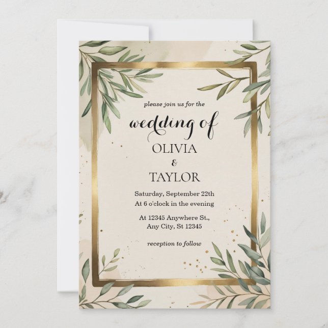Elegante Watercolor Foliage Hochzeit Einladung (Vorderseite)