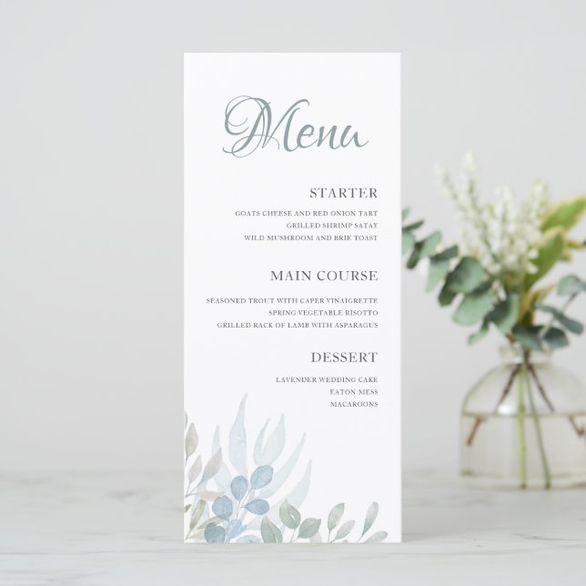 Elegante Watercolor Foliage Hochzeit Menükarte (Stehend Vorderseite)