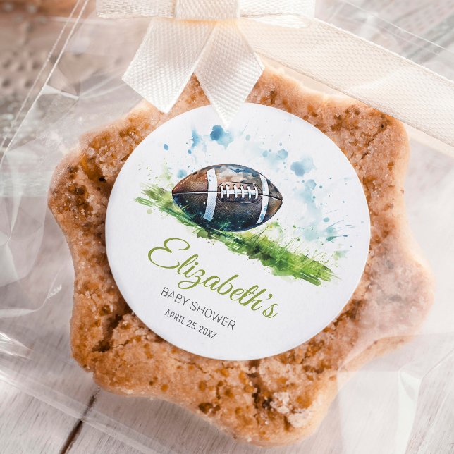 Elegante Watercolor Football Baby Shower Runder Aufkleber (Von Creator hochgeladen)