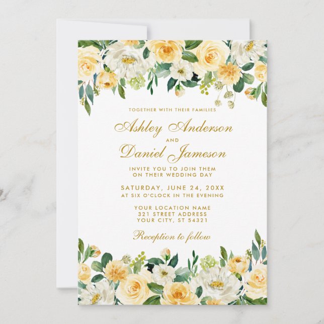 Elegante Watercolor Gelbe goldgrüne Hochzeit Einladung (Vorderseite)