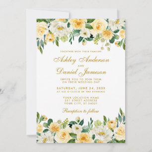 Elegante Watercolor Gelbe goldgrüne Hochzeit Einladung