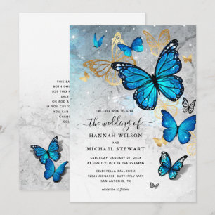 Elegante Watercolor Gold Blue Butterfly Wedding Einladung
