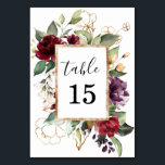 Elegante Watercolor Gold Deep Red Floral Tischnummer<br><div class="desc">Elegante Aquarellgoldfarben,  tiefroter Wein,  bordeauxrote Rose mit Blumengrün für Hochzeiten oder besondere Anlass.</div>