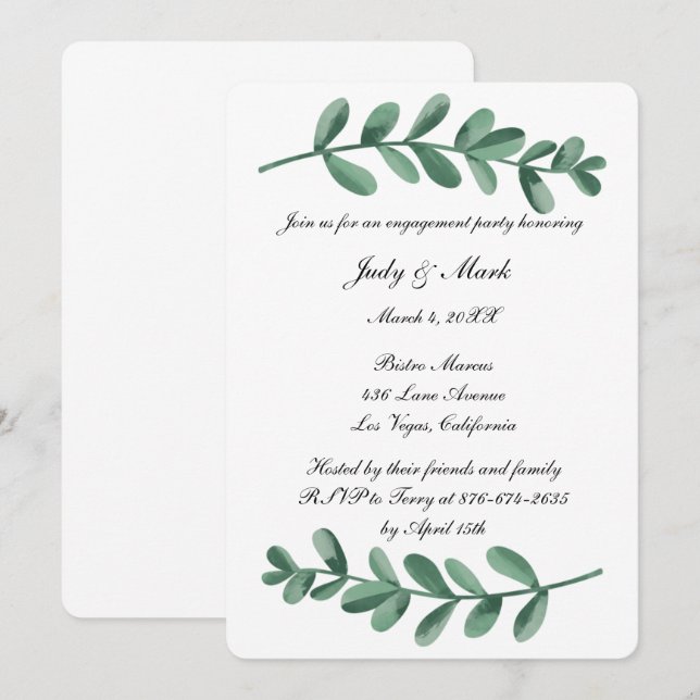 Elegante Watercolor Green Blätter Engagement Party Einladung (Vorne/Hinten)