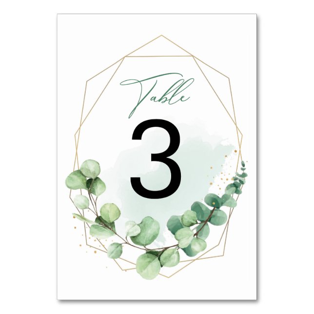 Elegante Watercolor Green Eucalyptus Wedding Tischnummer (Vorderseite)