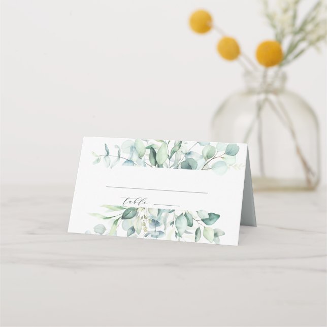 Elegante Watercolor Green Foliage Hochzeit Platzkarte (Vorderseite)