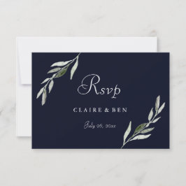 Elegante Watercolor Green Leaf Navy Wedding RSVP Karte