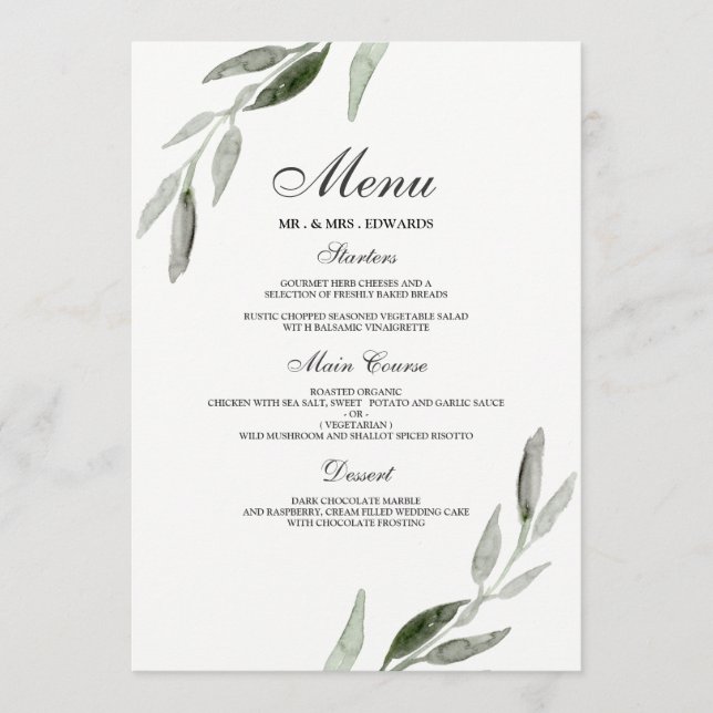 Elegante Watercolor Green Leaf Wedding Menükarte (Vorderseite)