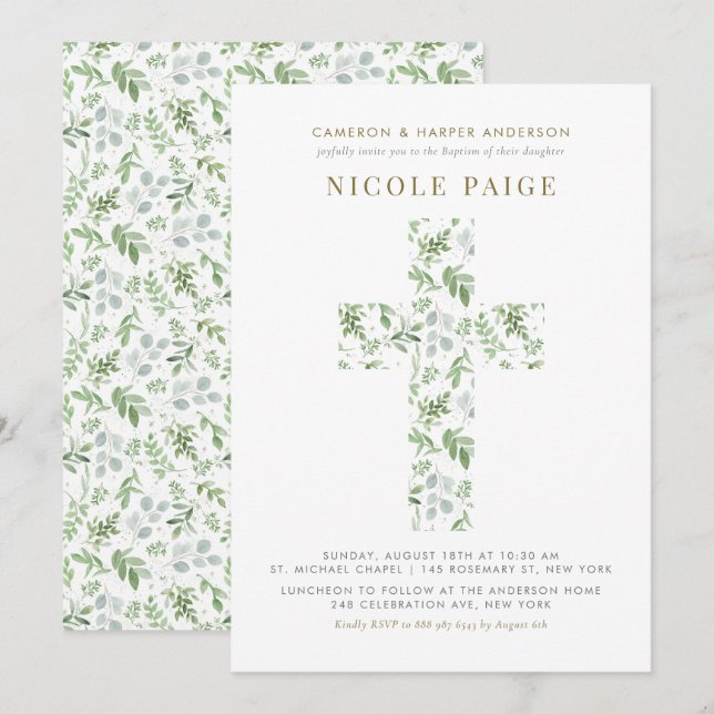 Elegante Watercolor Greenerity Cross Baptisse Einladung (Vorne/Hinten)