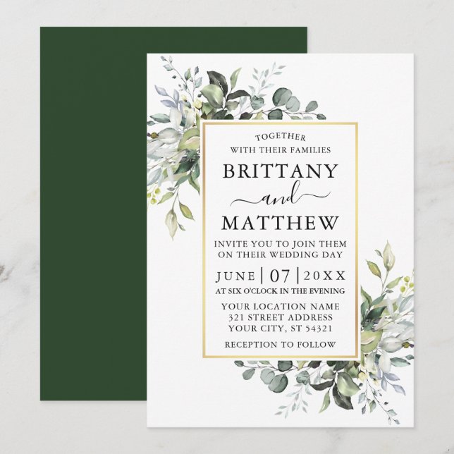Elegante Watercolor Greenerity Gold Frame Wedding Einladung (Vorne/Hinten)
