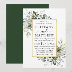 Elegante Watercolor Greenerity Gold Frame Wedding Einladung