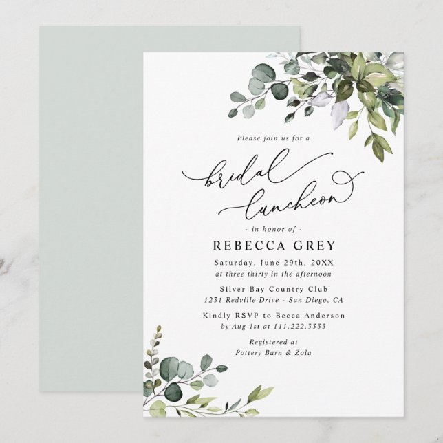 Elegante Watercolor Greenery Bridal Luncheon Dusch Einladung (Vorne/Hinten)