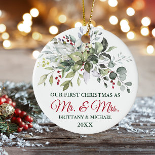 Elegante Watercolor Grüne Berries Weihnachten Keramik Ornament